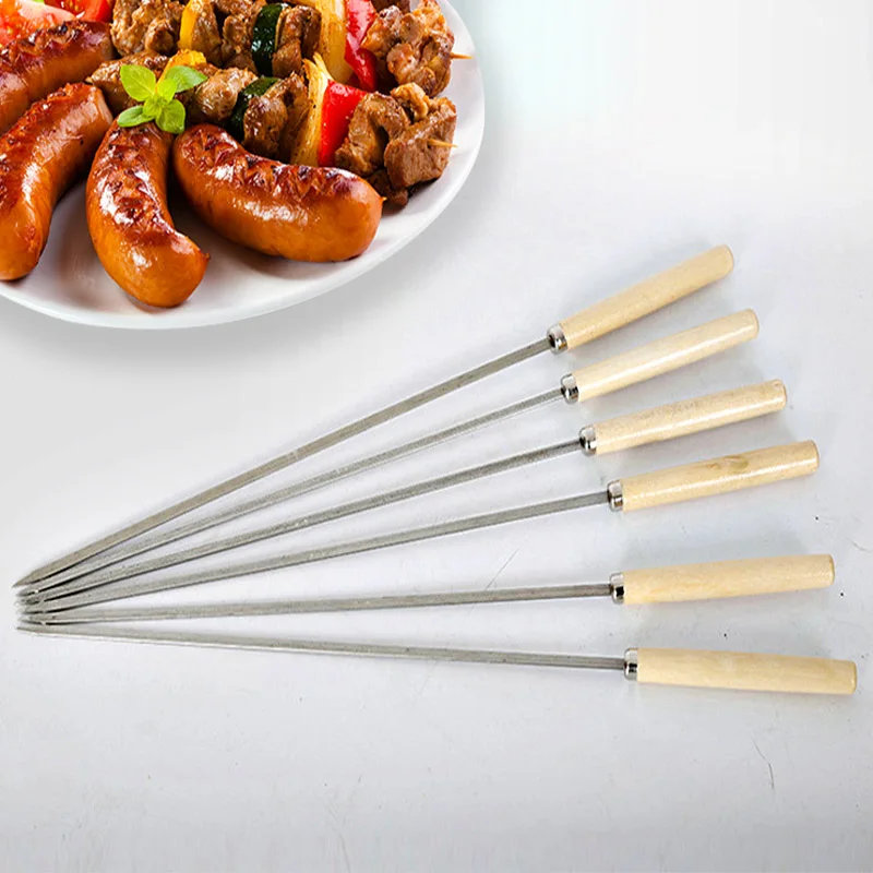 Stainless Steel BBQ Skewers, Roast Meat Prod, Wooden Handle, Flat Skewer, Long Grill Sticks, Outdoor BBQ Tools, Kabob Skewers