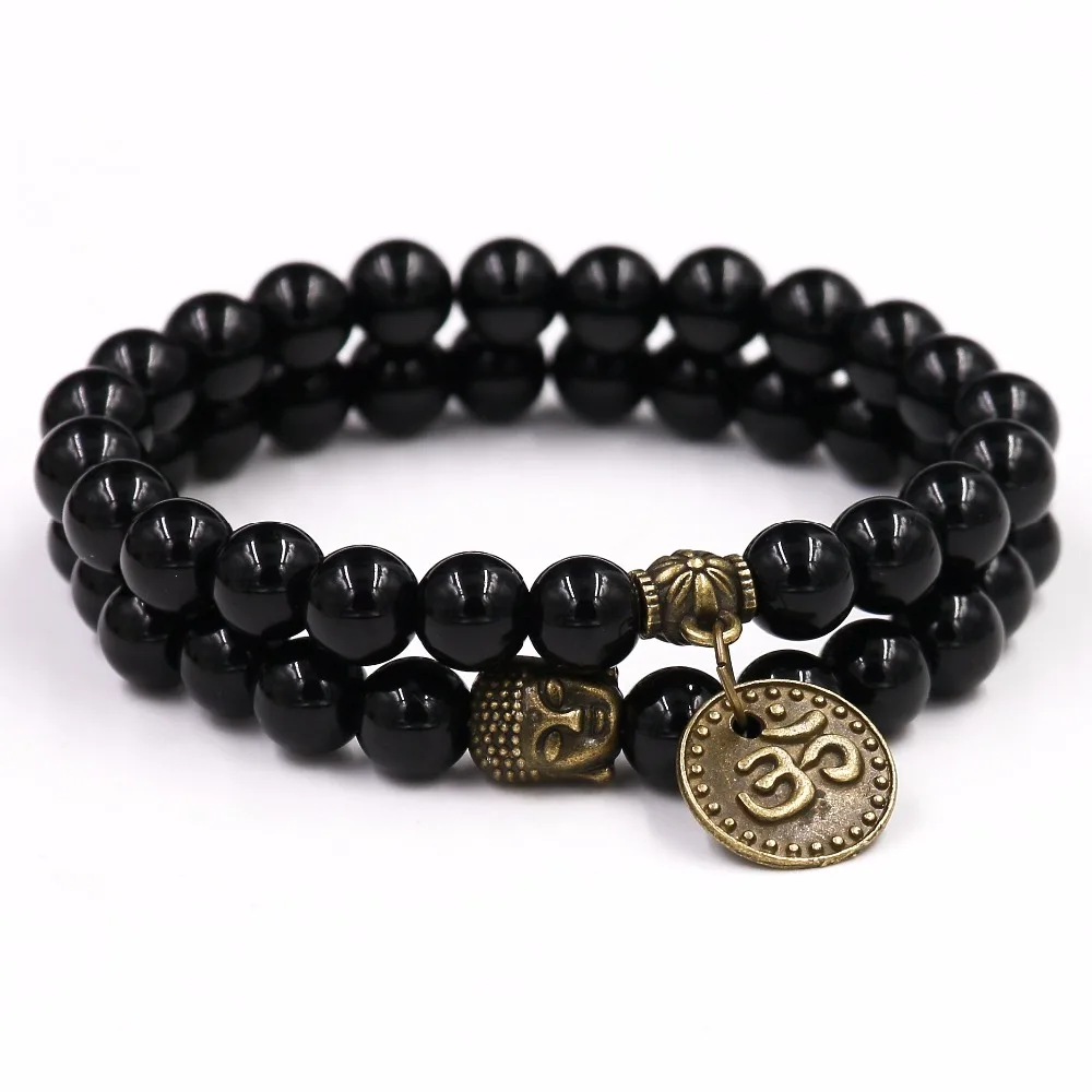 8MM Black Onyxl Natural Stone Bracelets Pendent Charm Bracelets For Men Jewelry Gift Buddha Strand Bracelets Women