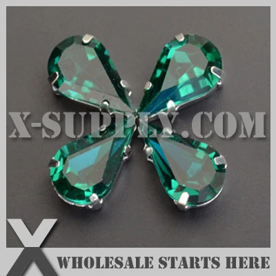 

Preset Mounted Crystal Rhinestone Pear/Tear Drop 8x13mm Emerald in NICKEL Sew on Setting for Bag,Shoe