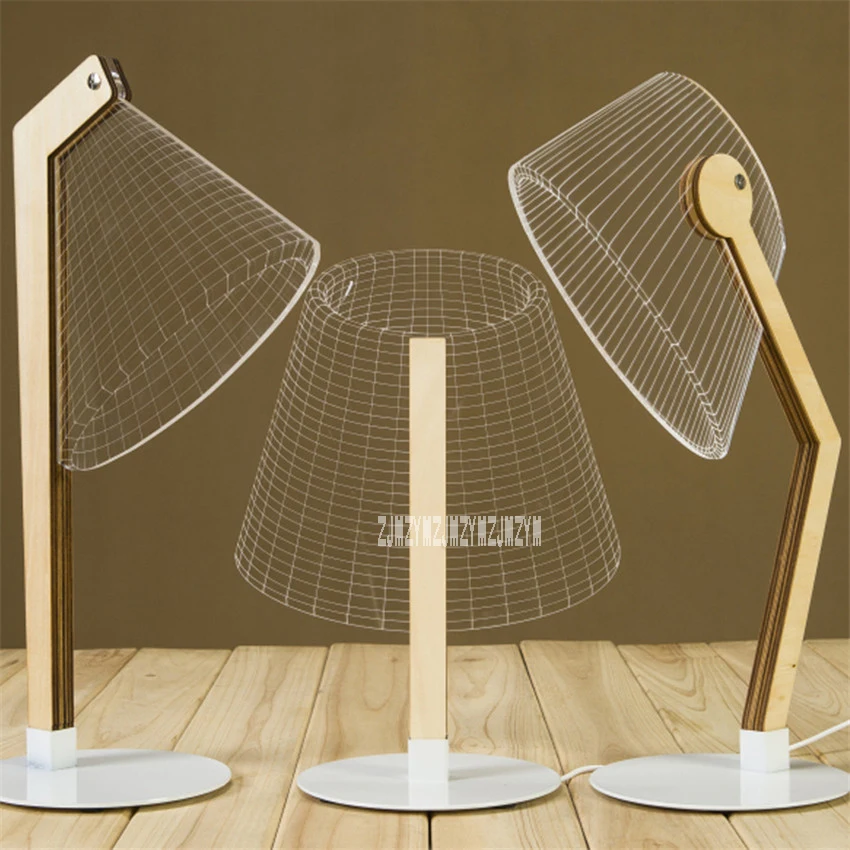 Luminária led inovadora com visão 3d, lâmpada de mesa para leitura e aprendizagem, suporte de madeira, acrílico, 110-240v 5w