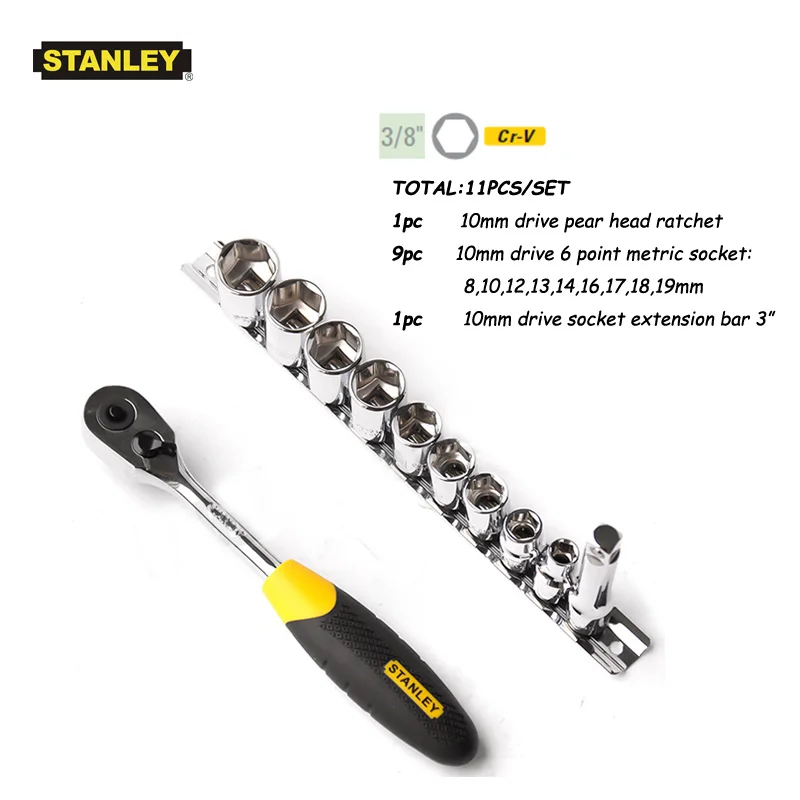 Stanley 11 stks 3/8 "metric 6 punt 3/8 inch drive socket set met quick-release composiet offset ratchet, 60-tand ovale hoofd