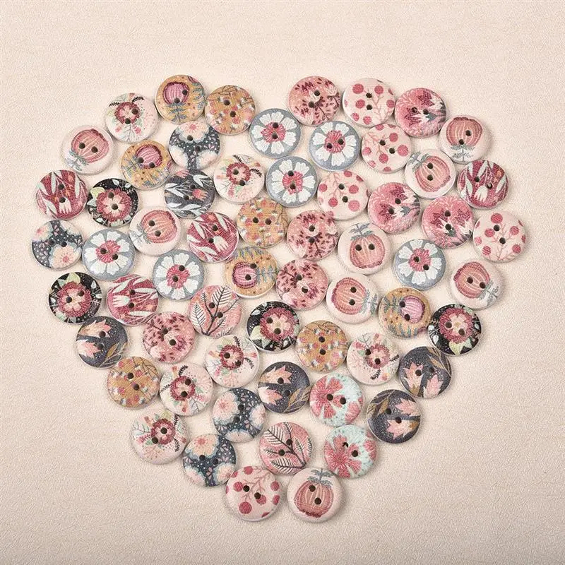 50Pcs New Flower Printed Round Wooden Button 2 Holes 15mm Mixed Wood Buttons Sewing Accessories For Clothing Decoration DIY