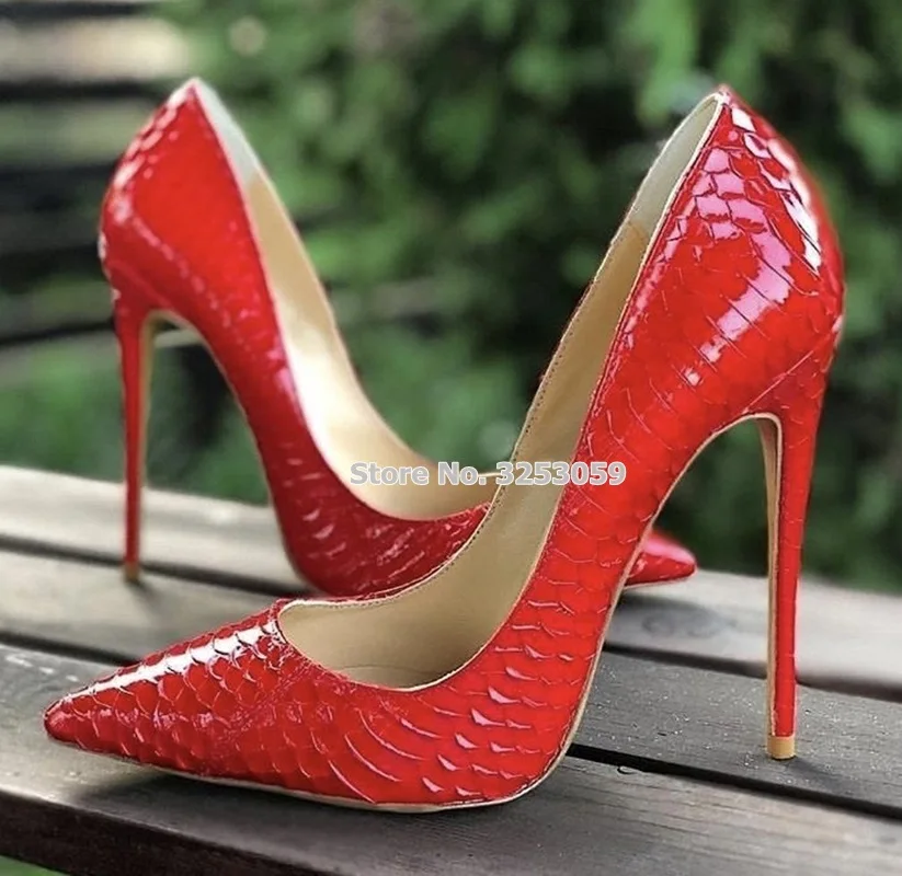 ALMUDENA Women Sexy Snakeskin Pointed Toe High Heel Shoes Red Black White Beige Python Pattern Wedding Shoes Shallow Pumps 12cm