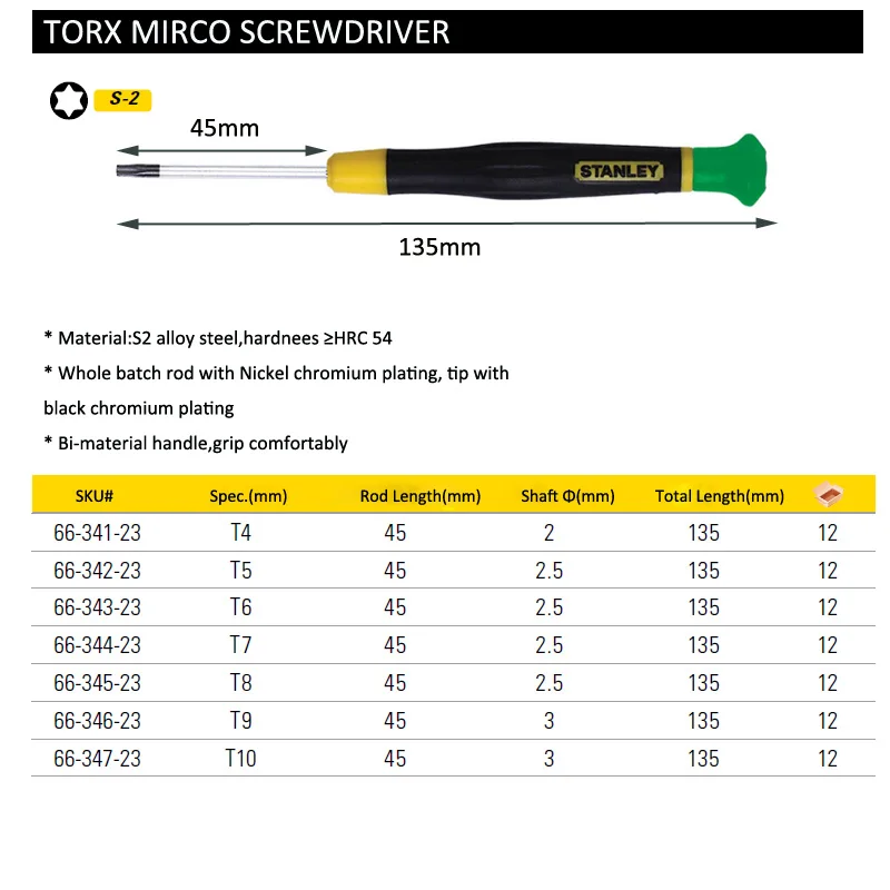 Imagem -06 - Stanley-mini Parafusadeira de Precisão Peça Micro Torx t4 t5 t6 t7 t8 t9 T10 Topo Rotativo sem Furo s2 Liga de Aço