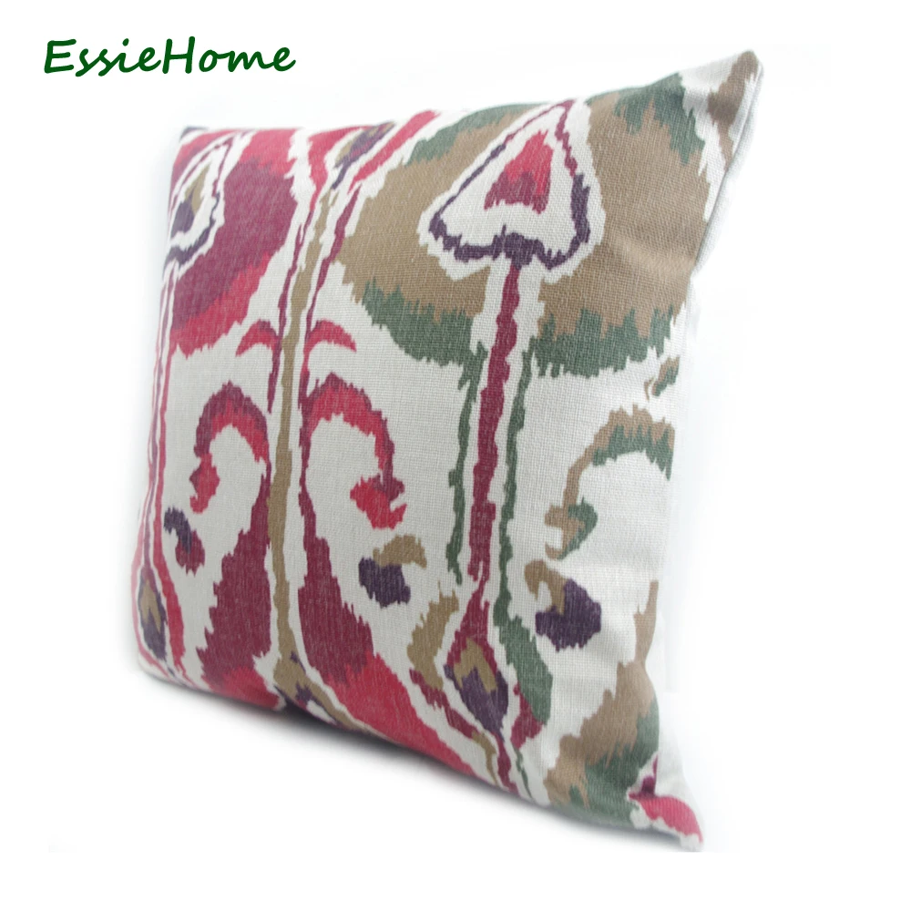 ESSIE HOME High-End Hand Print Light Dark Red Green Brown Ikat Pattern Pillow Case Cushion Cover Sofa Vintage Look Home Decorati