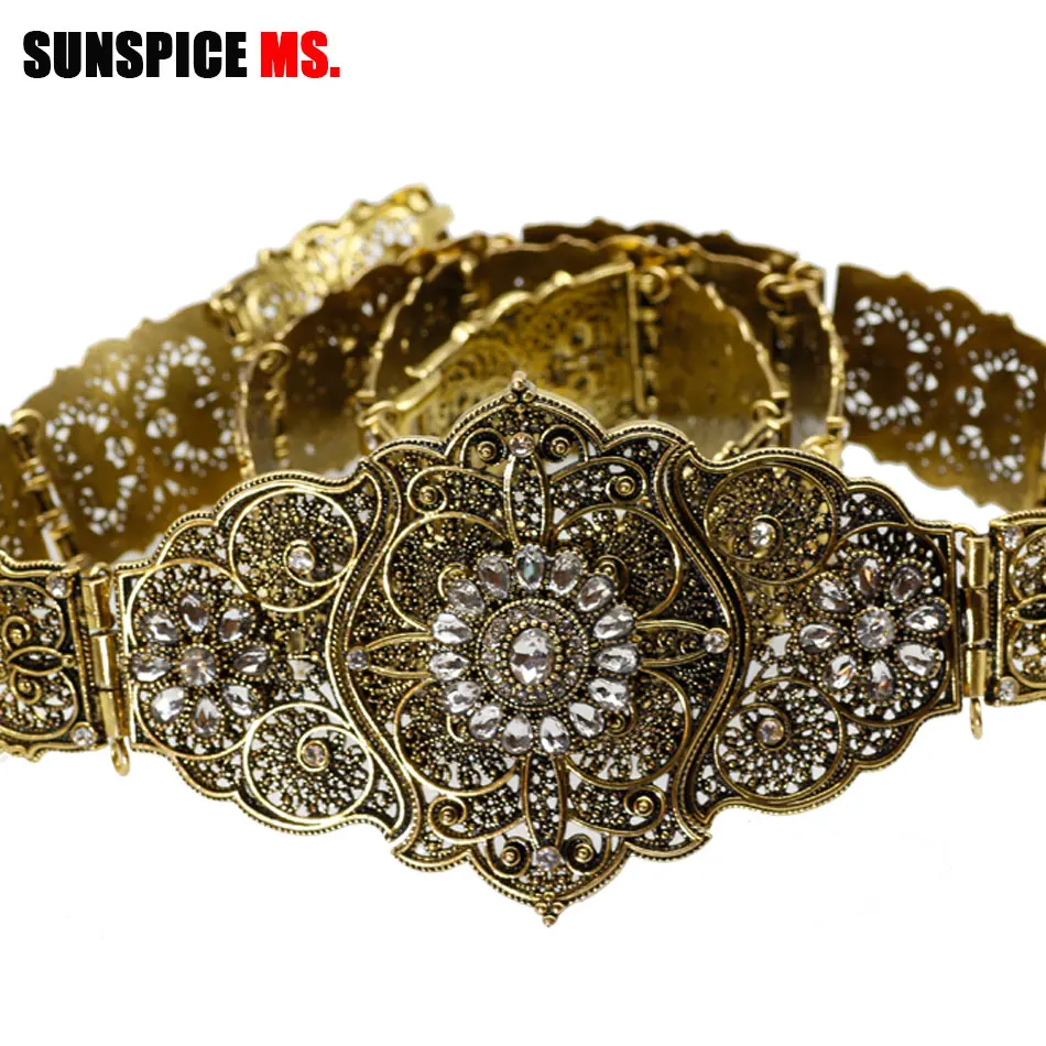 Vintage Caucasus Wedding Belt For Women Rhinestone Arabic Bridal Dress Belt Adjust Length Waist Chain Antique Gold Color Jewelry