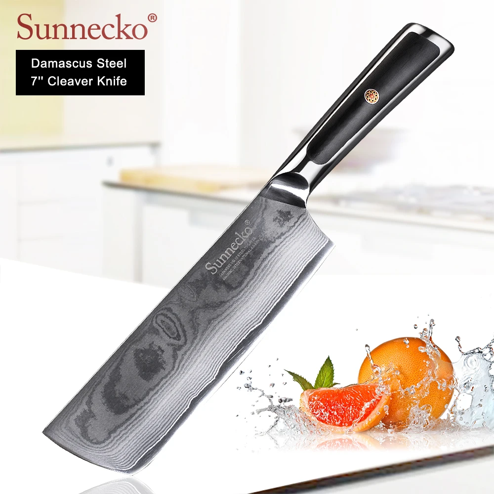 SUNNECKO Japanesse Chef Nakiri Gyuto Cleaver Chopping Knife 7'' Damascus Steel VG10 Sharp Blade Gift Box Package Cutting Tool