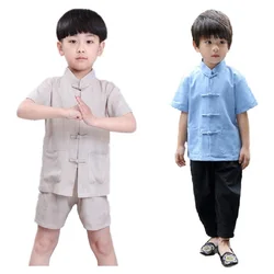 Kungfu Baby Boy Clothes Suits Chinese Traditional Costumes Children Tee Shirt Short Pant Tang Suit Linen Breathable Jersey Tops