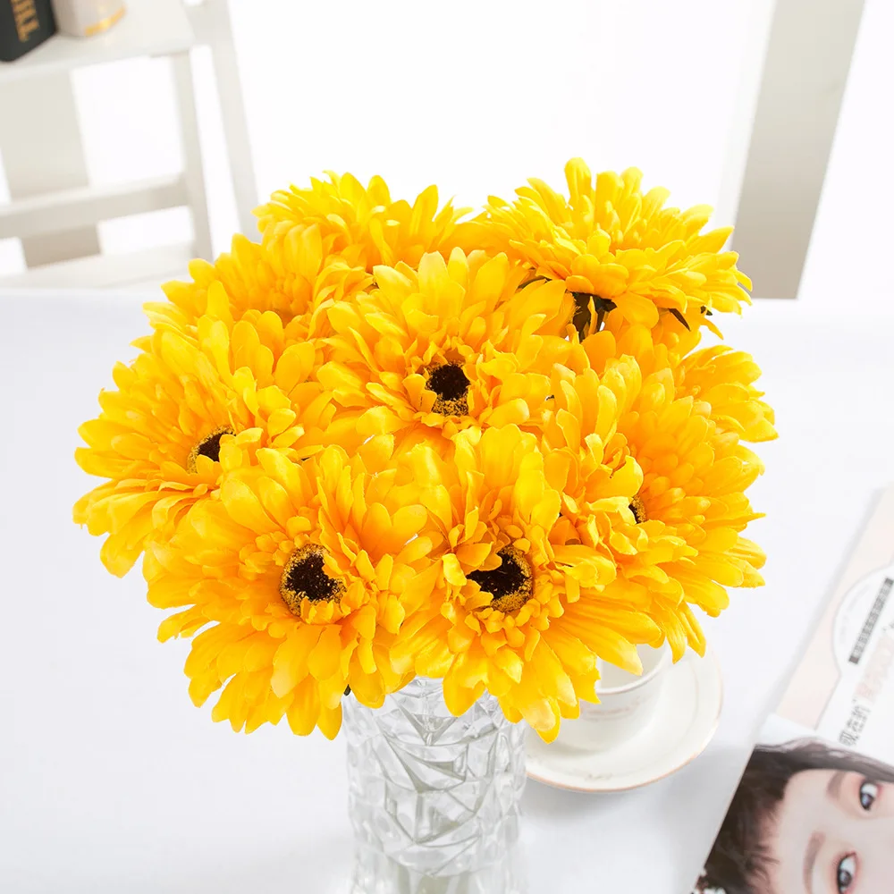 Silk cloth Mini Yellow Daisy Artificial Flower Bouquet Wedding Party Home Decor Scrapbooking Gerbera 10Pcs Madeliefje Margarida