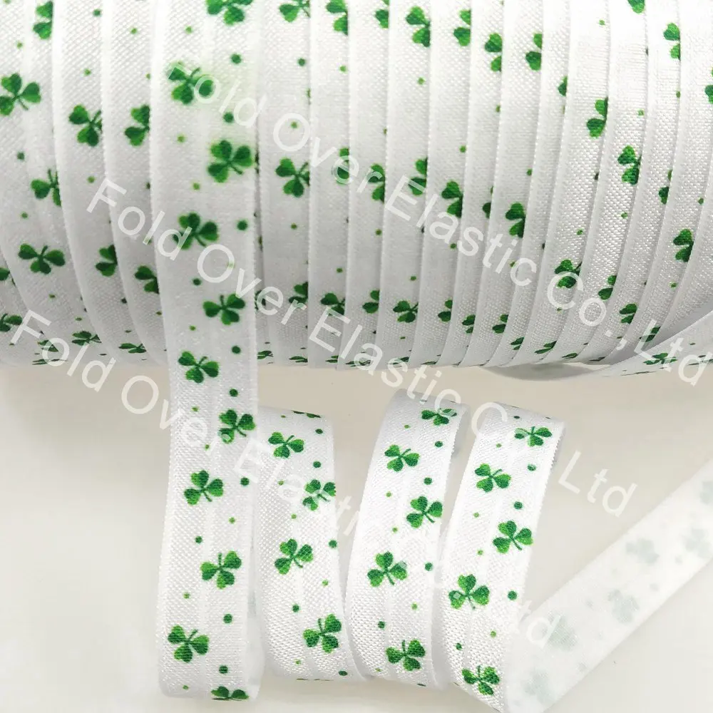 

5/8" Heat Transfer Shamrock Printed FOE Fold Over Elastic Ribbon For St.Patrick's Day Hair Tie 100Yards