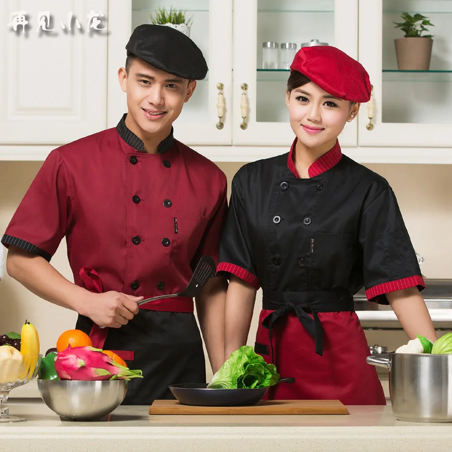 Short Sleeve Stand Collar Chef Jacket Colorfast and Shrink Resistant Cotton Kichen Black Chef Uniform Chef Baker Clothes B-6042