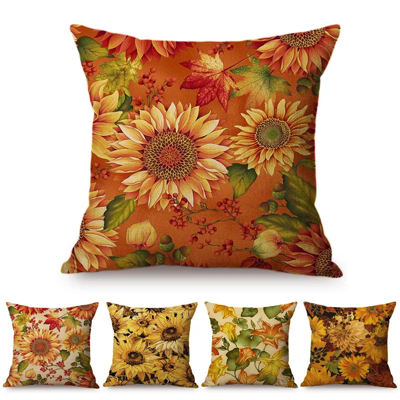 Nordic Yellow Sunflower Hand Painting Cushion Cover Rural Pastoral Pumpkin Vine Leaves Home Decoration Sofa Chair Pillow Case