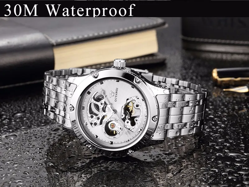 OUYAWEI Luxury White Self Wind Mechanical Men Wristwatch reloj hombre 30M Waterproof Full Steel Fashion Casual Male Watch Gifts