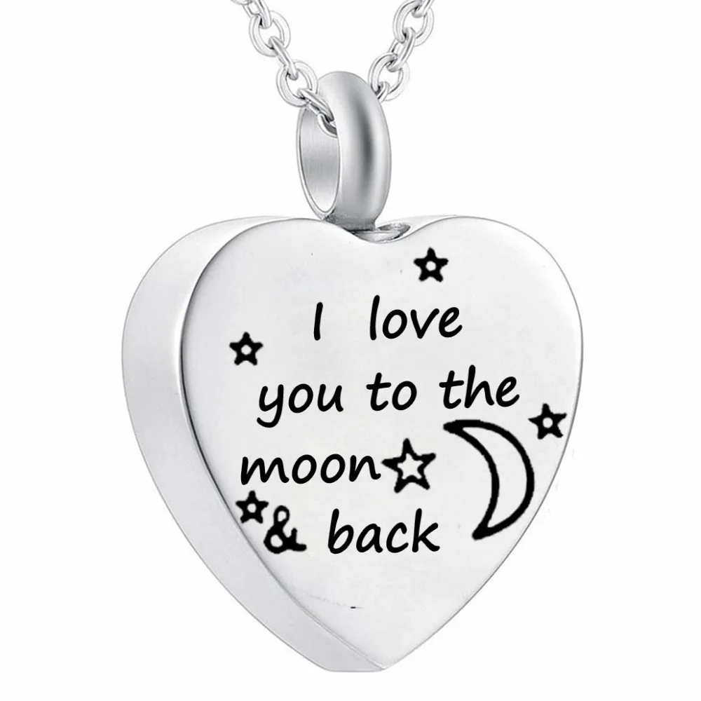 Cremation Jewelry Heart Pendant Memorial Urn Necklace Stainless Steel Funnel Filler Kit- I love you to the moon & back -3 styles