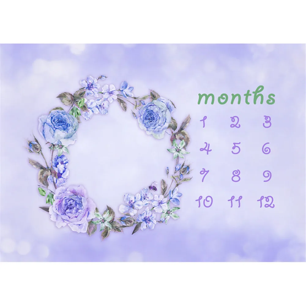 

Pastel Purple Color Baby Newborn Calendar Photography Backdrops Printed Blue Floral Wreath Kids Birthday Photo Booth Background