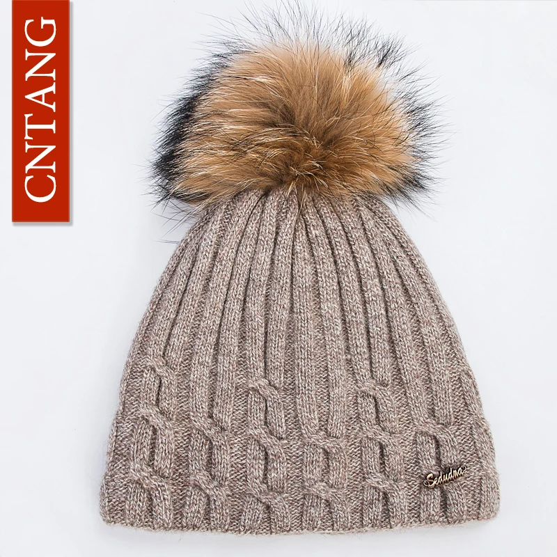 CNTANG Double Layer Women Wool Caps With Natural Raccoon Fur Pompoms Hats Winter Warm Knitted Twist Beanies Fashion Female Hat