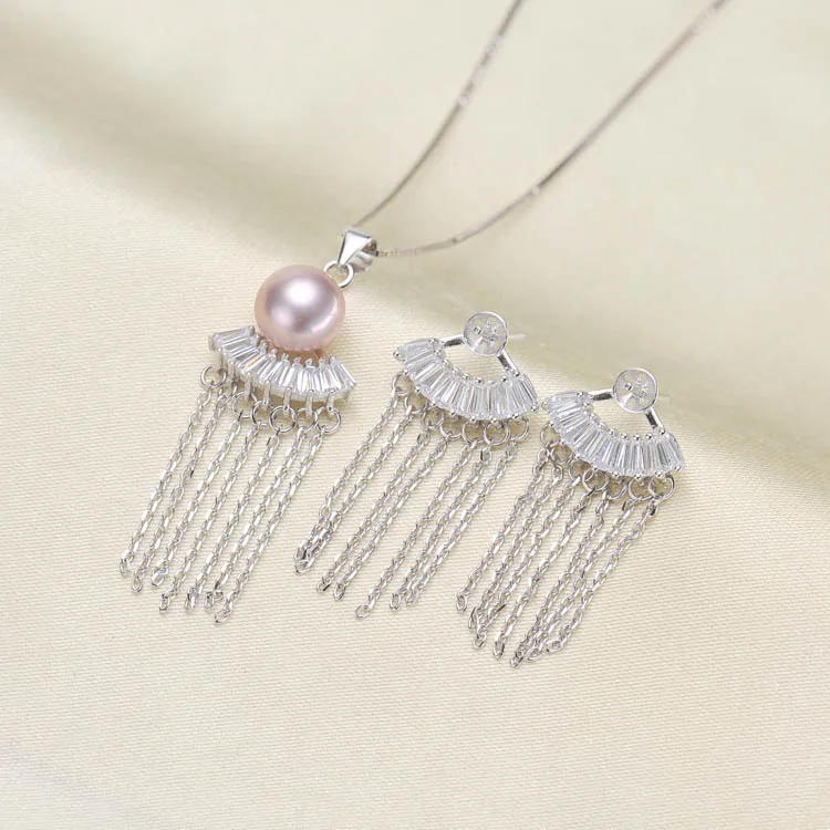 S925 Sterling Silver Tassel Pearl Pendant Holder+Pearl Earrings Settings 2Pieces Pearl Jewelry Set Accessory 3Sets/Lot