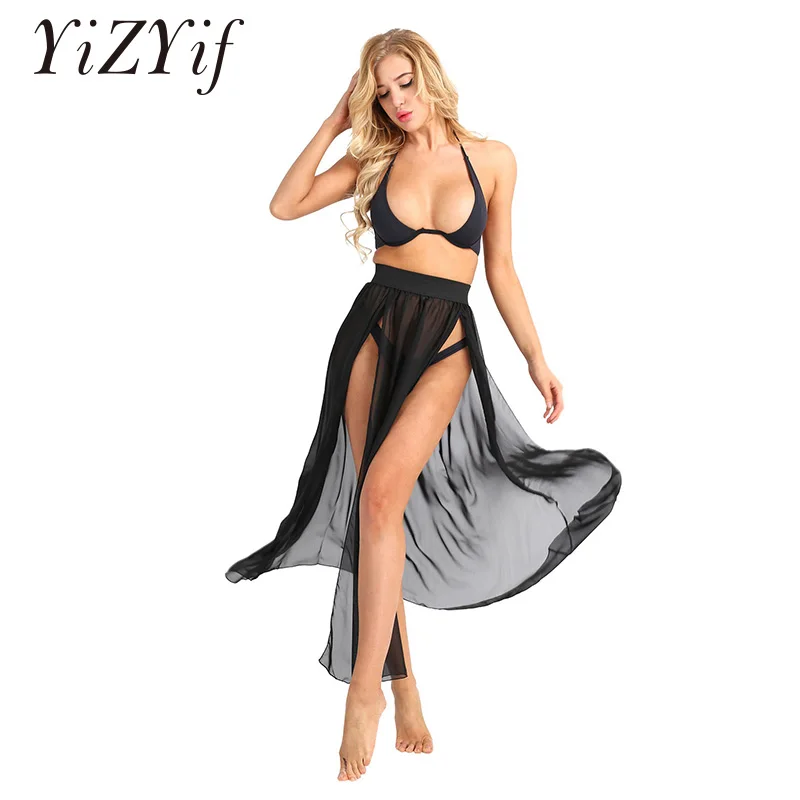 

YiZYiF Women Long Side Slit Maxi Skirts Sheer Chiffon See Through Flowy Split Long Maxi Skirt Beach Swimsuit Cover Up Skirts