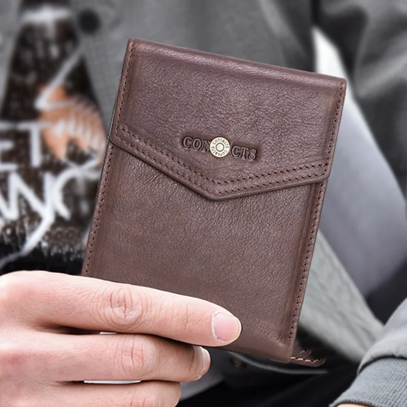 CONTACT'S Genuine Leather Men Small Wallet Slim with Card Holder Hasp Money Bag Horizontal Vintage Short Wallets Male Purse