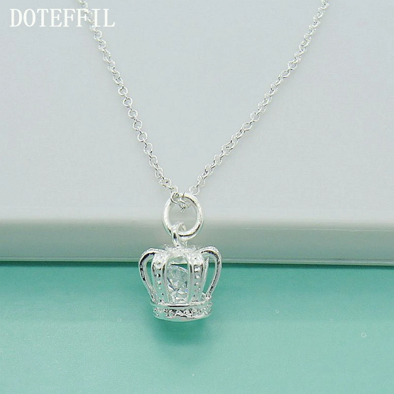 DOTEFFIL 925 Sterling Silver AAA Zircon Crown Pendant Necklace 18 Inch Chain For Woman Fashion Wedding Engagement Party Jewelry