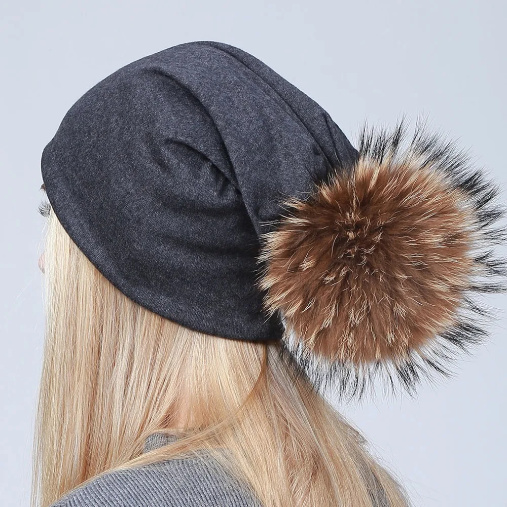 Geebro-Gorro con pompón para mujer, gorros de algodón con pompón de piel de mapache, pasamontañas, JS294