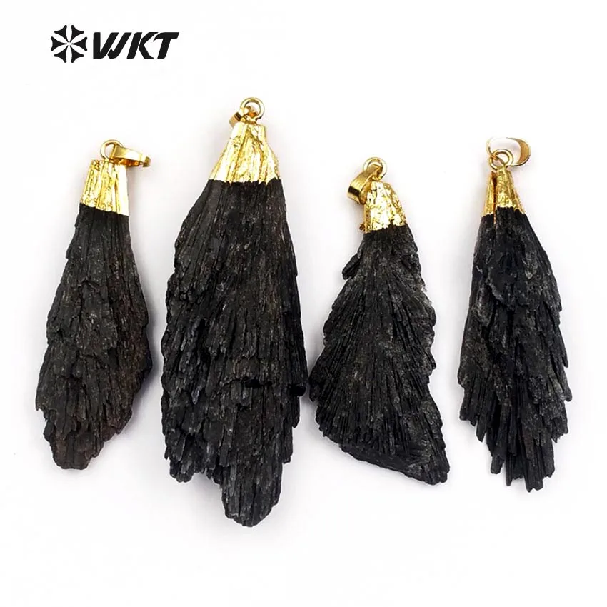 WT-P790 Romantic black kyanite stone pendant in randomly shape,wholesale gold cap black kyanite pendant for necklace