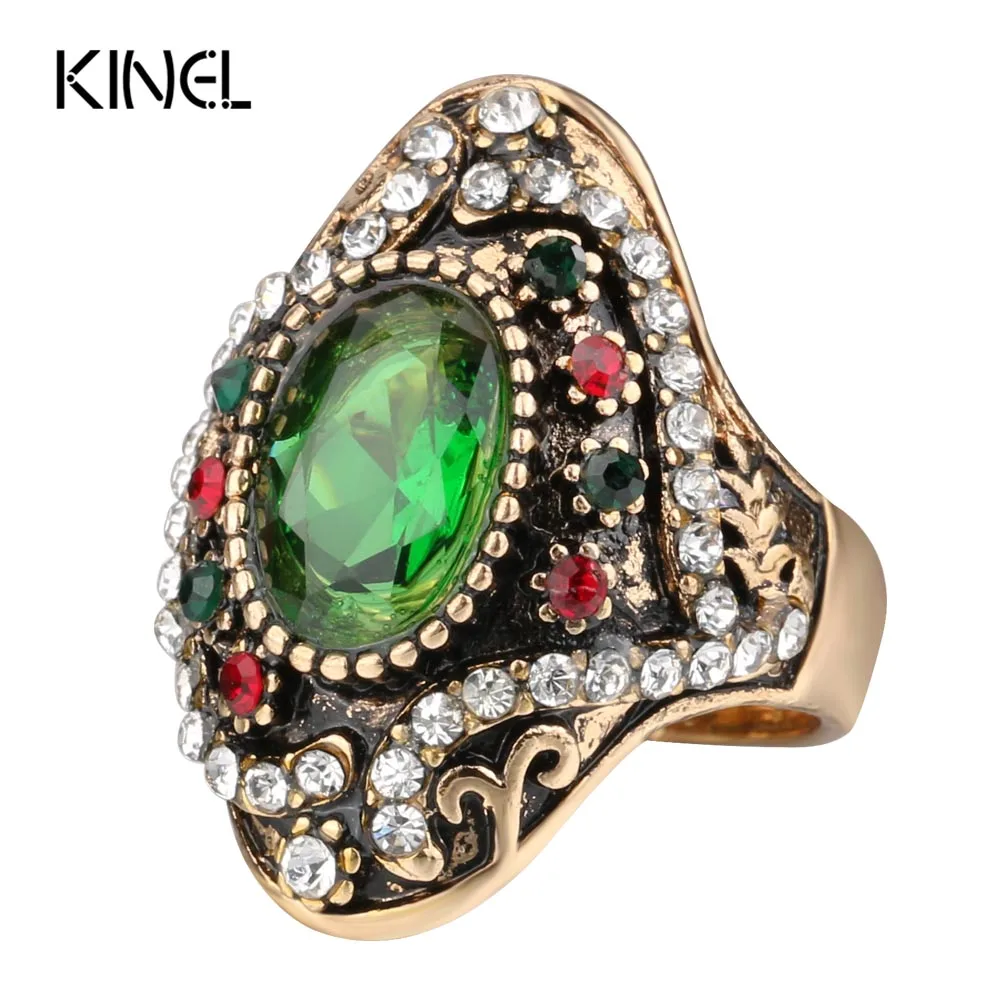 Kinel Fashion Antique Jewelry Oval Blue Resin Retro Rings For Women Inlaid Crystal Flower Party Ring 2017 New