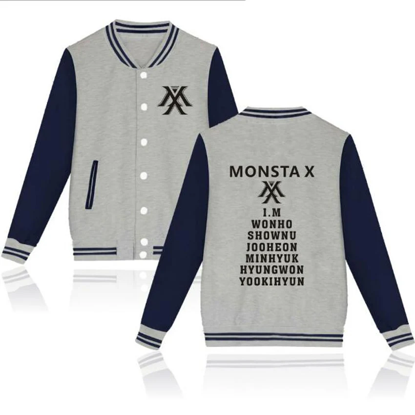 Koreański Monsta X KPOP rozpinana bluza z kapturem w stylu Harajuku fani wspierający polar strój baseballowy kurtki mężczyźni kobiety różowa bluza Moletom