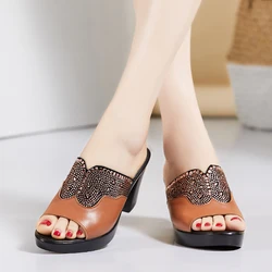 GKTINOO Women Slipper's 2024 Ladies Summer Slippers Shoes Women High Heels Fashion Rhinestone Summer Shoes Genuine Leather