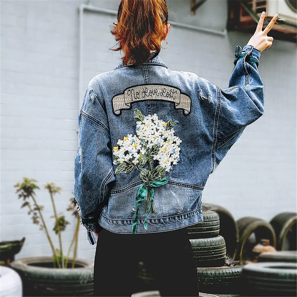 2019 Autumn Embroidery Flower Jeans Jacket Women Casual Long Sleeve Blue Denim Jacket Coats Loose Streetwear Female Outerwear