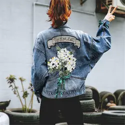 2019 Autumn Embroidery Flower Jeans Jacket Women Casual Long Sleeve Blue Denim Jacket Coats Loose Streetwear Female Outerwear