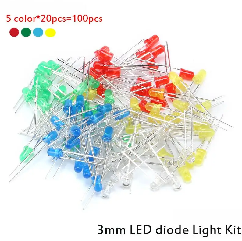 100 sztuk/partia 5 kolorów F3 3MM okrągły zestaw LED asortyment Ultra Bright woda wyczyść zielony/żółty/niebieski/biały/czerwony dioda emitująca światło