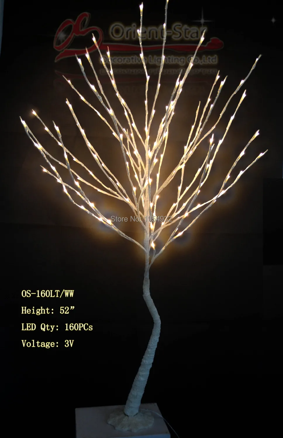 

52" Pure White 160LED Willow Tree in 3V Voltage with DC Adaptor Branch Tree Light or Twig Light with Base, Wedding Deco