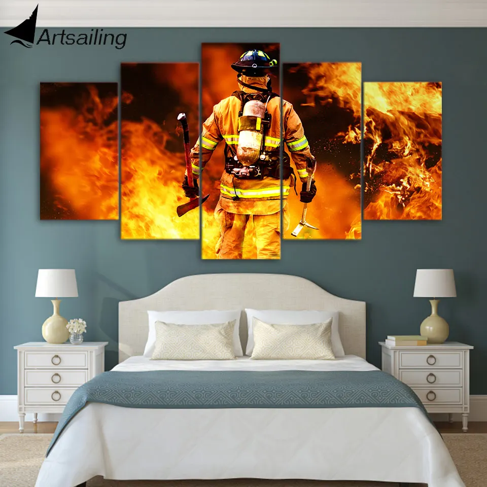 HD Print 5 piece canvas art Fireman fire fighter fireman Painting wall pictures