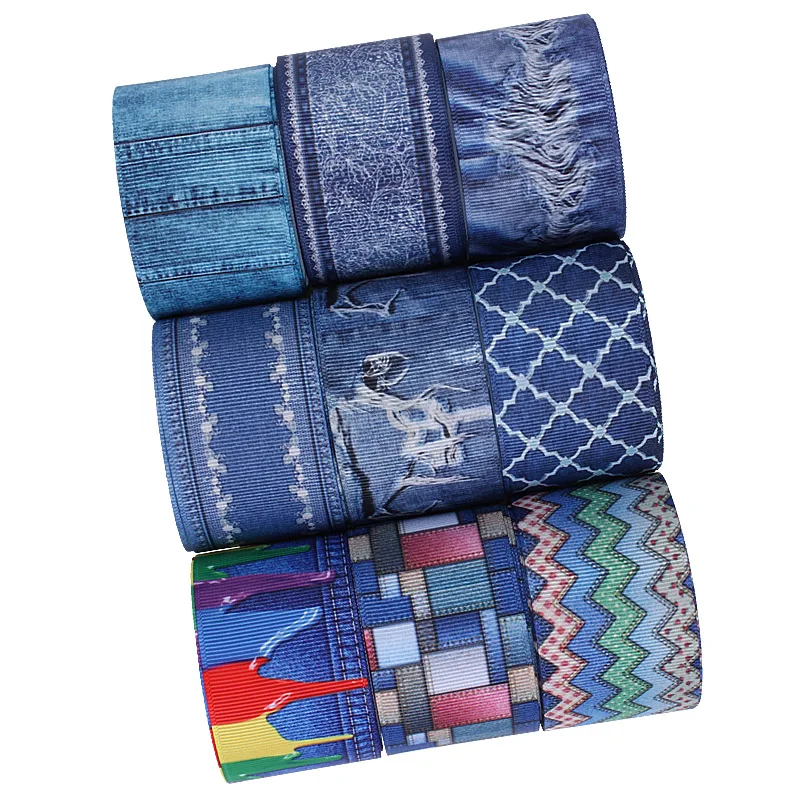 

Heat transfer denim grosgrain/elastic printed ribbon 50yrads