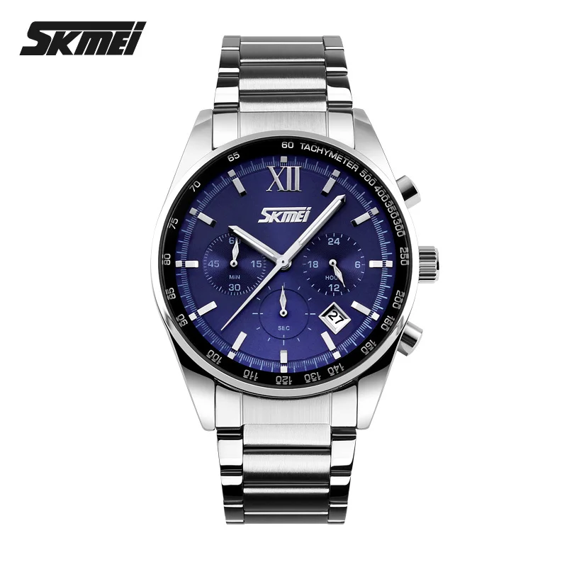 SKMEI Watches for Men Luxury Top Brand Quartz Watch Full Stainless Steel Analog Display Fashion Calendar Chronograph Wristwatch