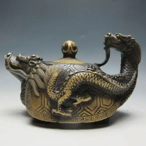 Elaborate Old Handwork Copper Dragon Tortoise Teapot with Kangxi Mark