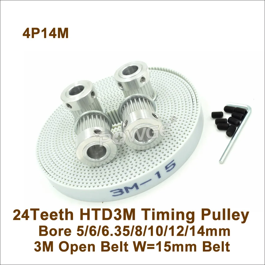 

POWGE 4pcs 24 Teeth 3M Timing Pulley 5/6/6.35/8/10/12/14mm + 14meters W=15mm HTD 3M PU Synchronous Belt 24T 24Teeth 3M Pulley