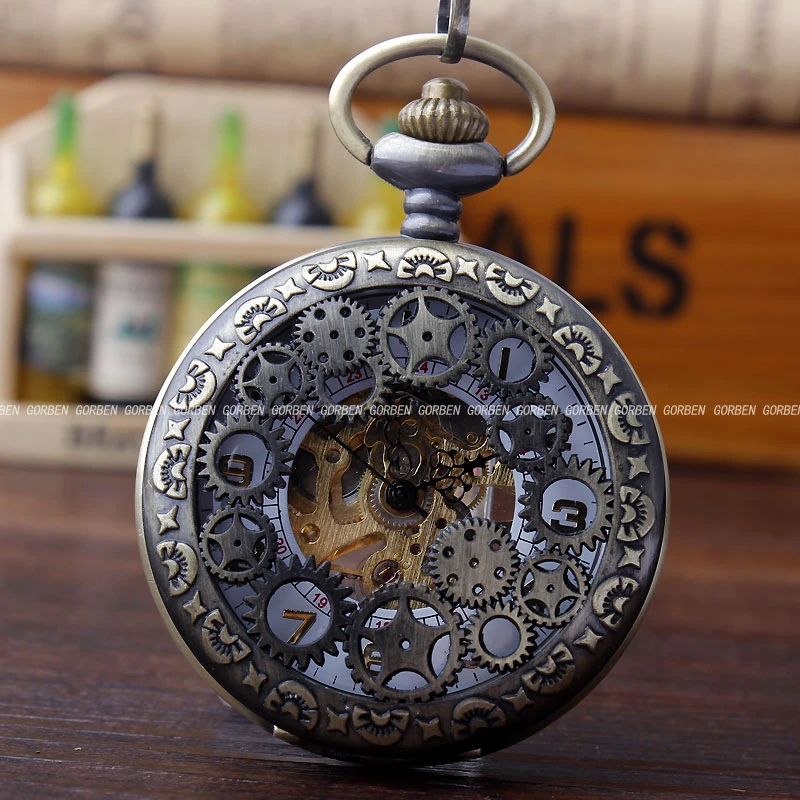 Vintage Steampunk Gears Hollow Bronze Mechanical Pocket Watch Hand Wind Skeleton Necklace Clock Men Womens Gifts