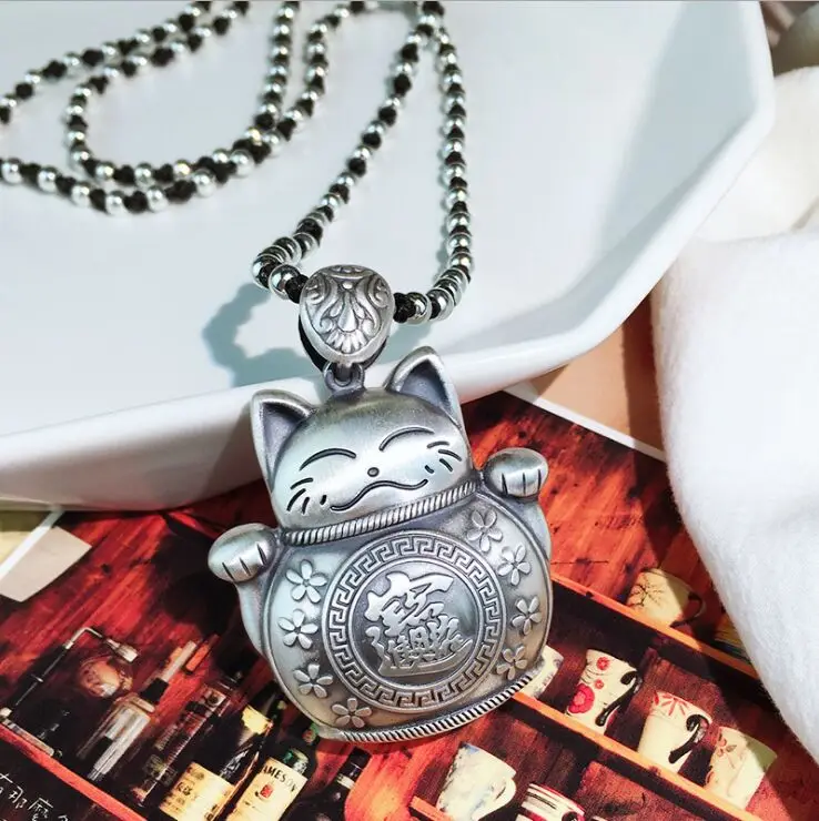 100% true 999 pure silver vintage sterling silver pendant couple fashion sweater chain big fish lucky cat necklace