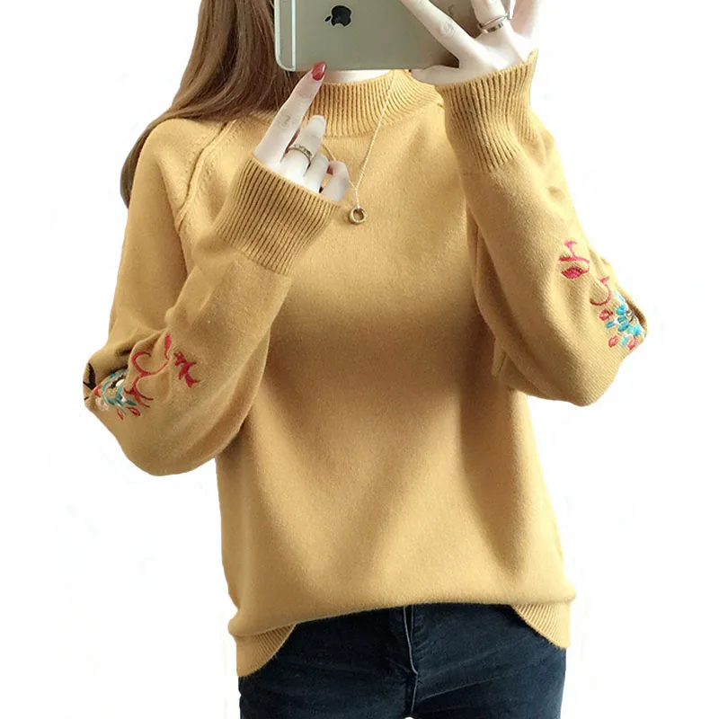 Embroidery Half Turtleneck Pullovers Sweater Women 2020 Autumn Winter Women Jumper  Knitted Bottoming Sweaters Femme Tops AA400