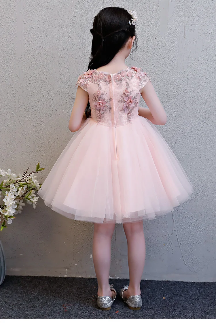 Elegant Pink Tulle Flower Girl Dress For Weddings Baby Baptism Party Pageant Princess Gown Bead Floral Kid First Communion Dress