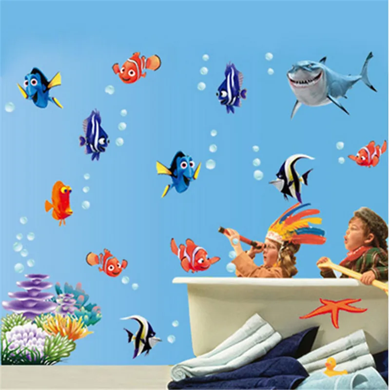 hot sell creative pvc cartoon wall sticker underwater fish sea world  bathroom nursery home decor decals Stickers 617 mural art
