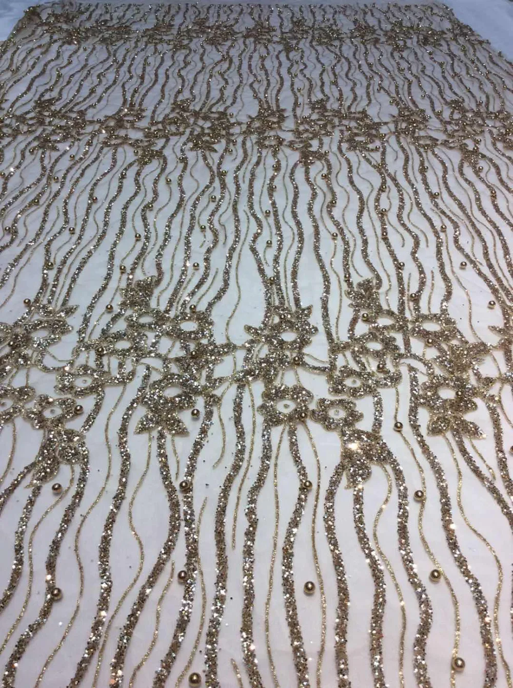 

ap223# 5 yards champagne gold pearls sparkly hand print glued glitter net tulle mesh sugar lace fabric for sawing dress