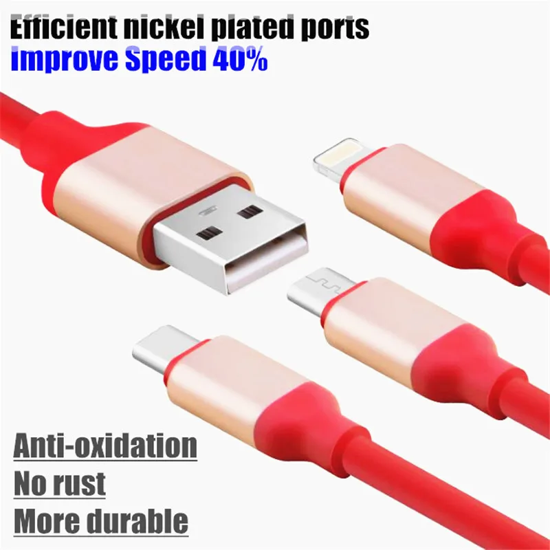 3 in 1 Pure Copper Core TPE High-Speed Pro Data Cable,Improve Speed & Fast Charging 40%,For iPhone 8P Type-C Micro USB,2.1A,1.2m