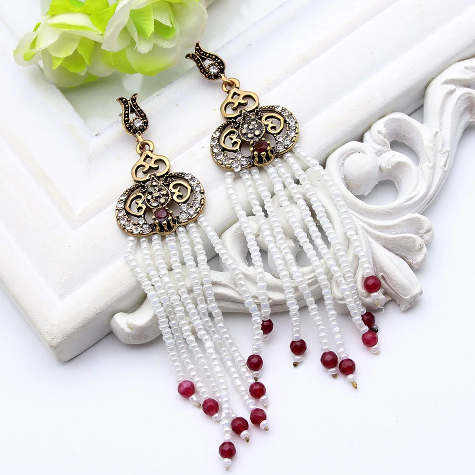 Vintage Bead Resin Earrings For Women Turkish Flower Tassel Pendant Earrings Jewelry Antique Gold Color India Ethnic Bijoux