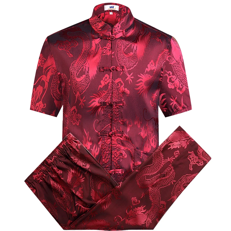 

Red Chinese Traditiona Men's Tang Suit Sets Short Sleeve Long Pants Dragon Kung Fu Suit High Quality Silk Wu Shu Tai Chi Sets