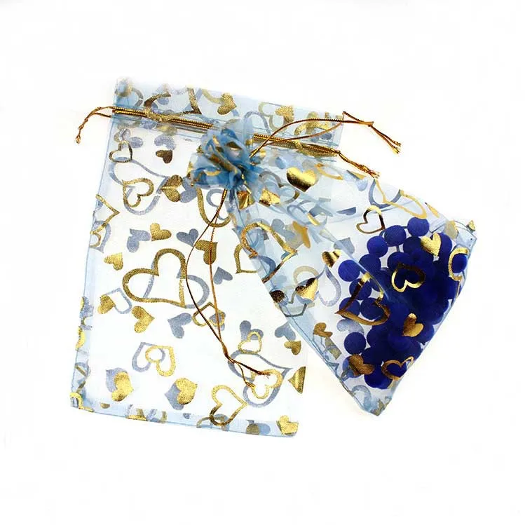 17*23cm 50pcs Light Blue Gold Heart Gift Bags For Jewelry/wedding/christmas Yarn Bag With Handles Packaging Organza Bags