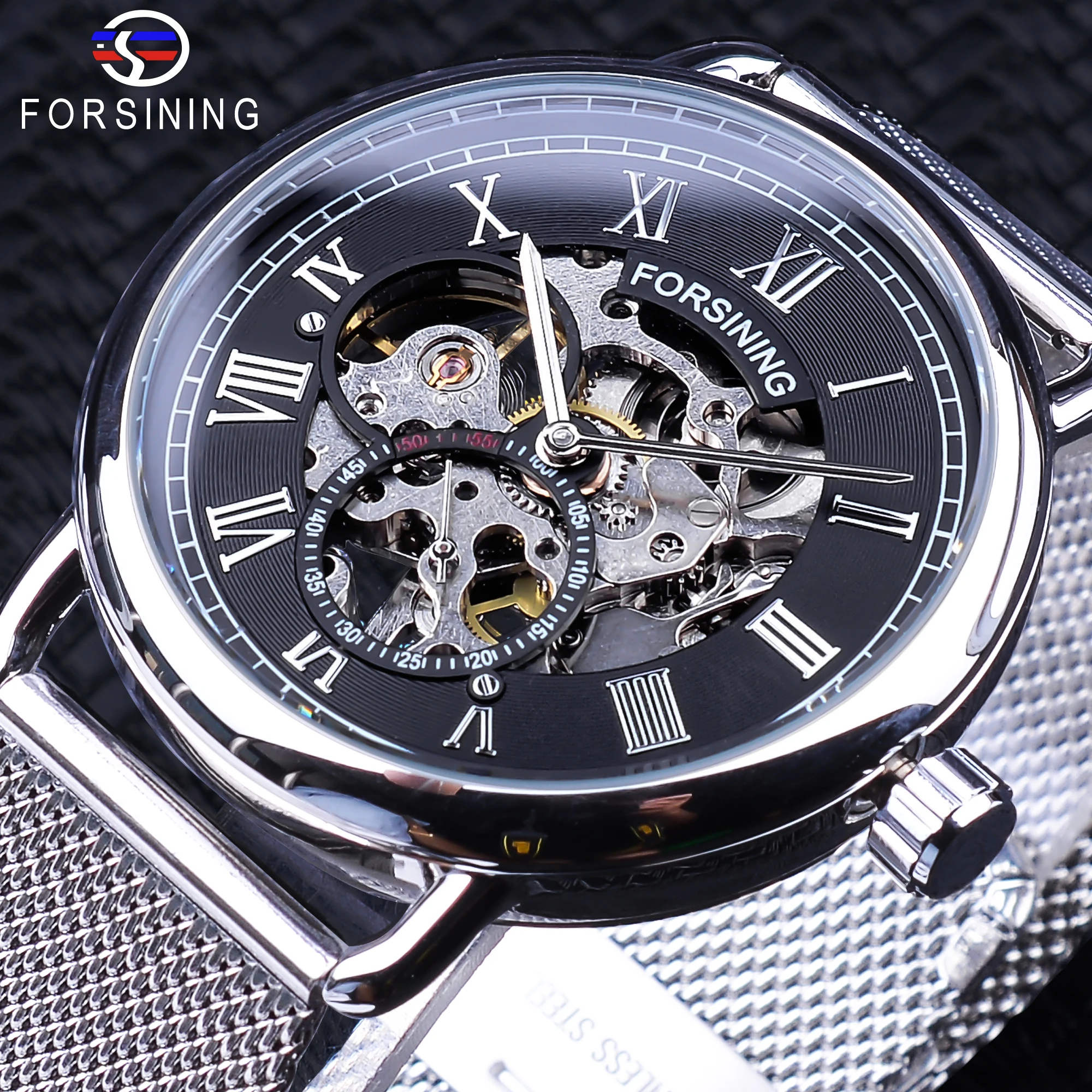 

Forsining Classic Black Silver Skeleton Mechanical Watches for Men Silver Mesh Belt Transparent Case Waterproof Clock Male