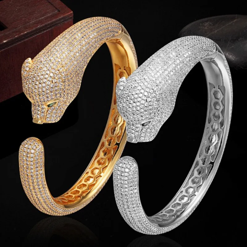 High Quality Cubic Zircon Leopard bangle ring set For Men Jewelry Copper Animal Bangles Pulseira Mujer Women's Love Bangles set